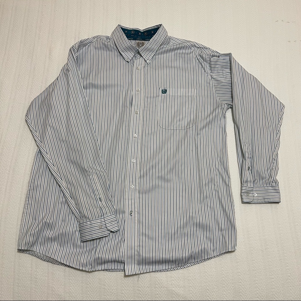 Cinch Men's Tencel Teal and Khaki Striped Button Down Western Shirt - Size: XL